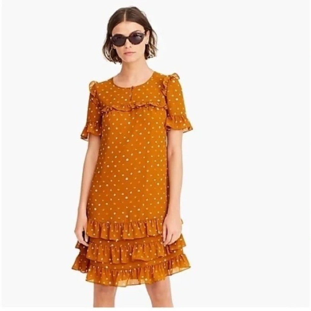 J. CREW Point Sur Ruffled Crinkle Polka Dot Dress Warm Caramel Party Size 2