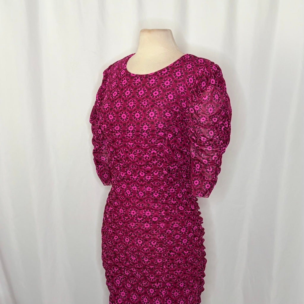 FREE PEOPLE Briella Dress Floral Ruched Midi Fuchsia Combo Ruching Party Large