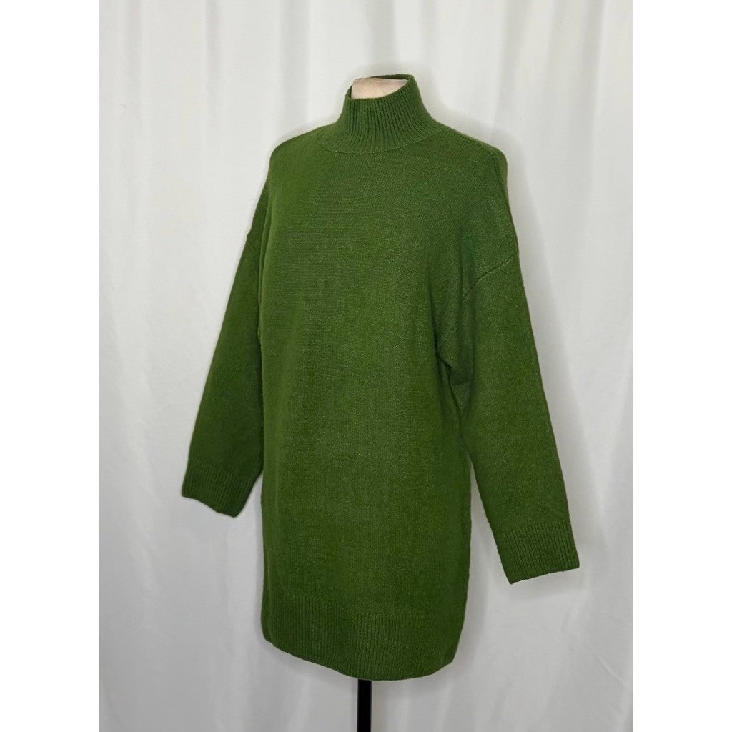 ZARA Green Wool Sweater Dress Mock Neckline Oversized Knitwear Solid X-Small