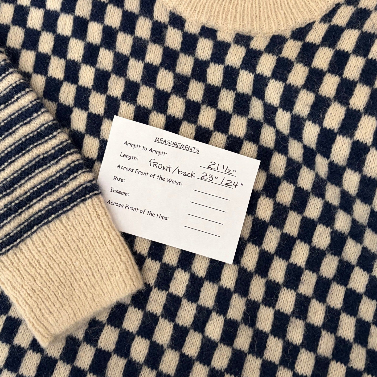 MADEWELL Crewneck Sweater Checked Stripe Classic Indigo Blue Ivory Knit Medium