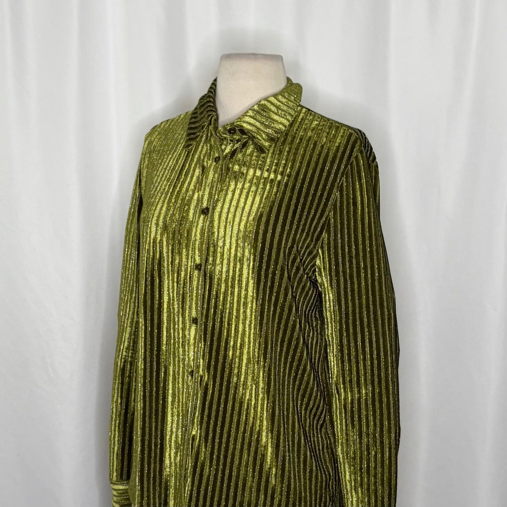 HOUSE OF HARLOW 1960 Green Velvet Stripe Buttondown Shirt Top Metallic Small