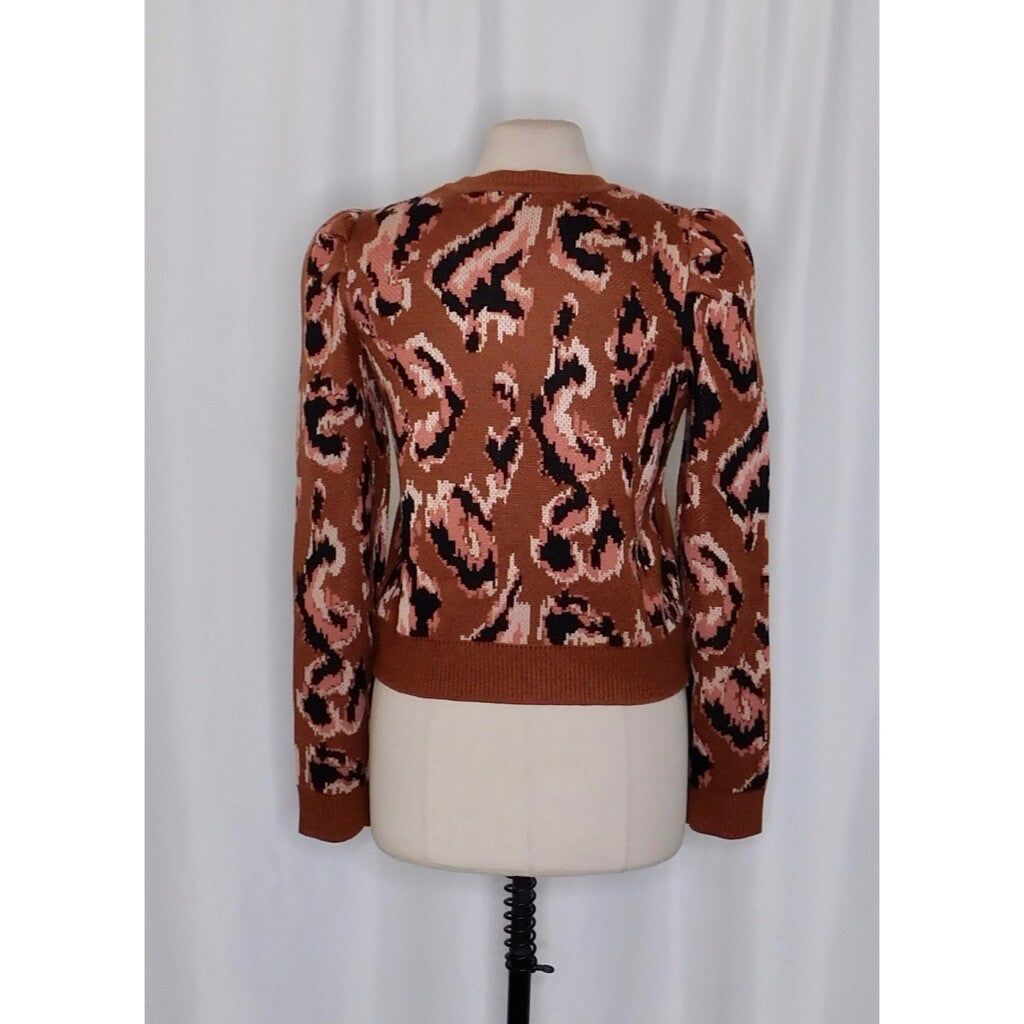 DEREK LAM Collective Brown Animal Print Sweater Leopard Puff Sleeves Large