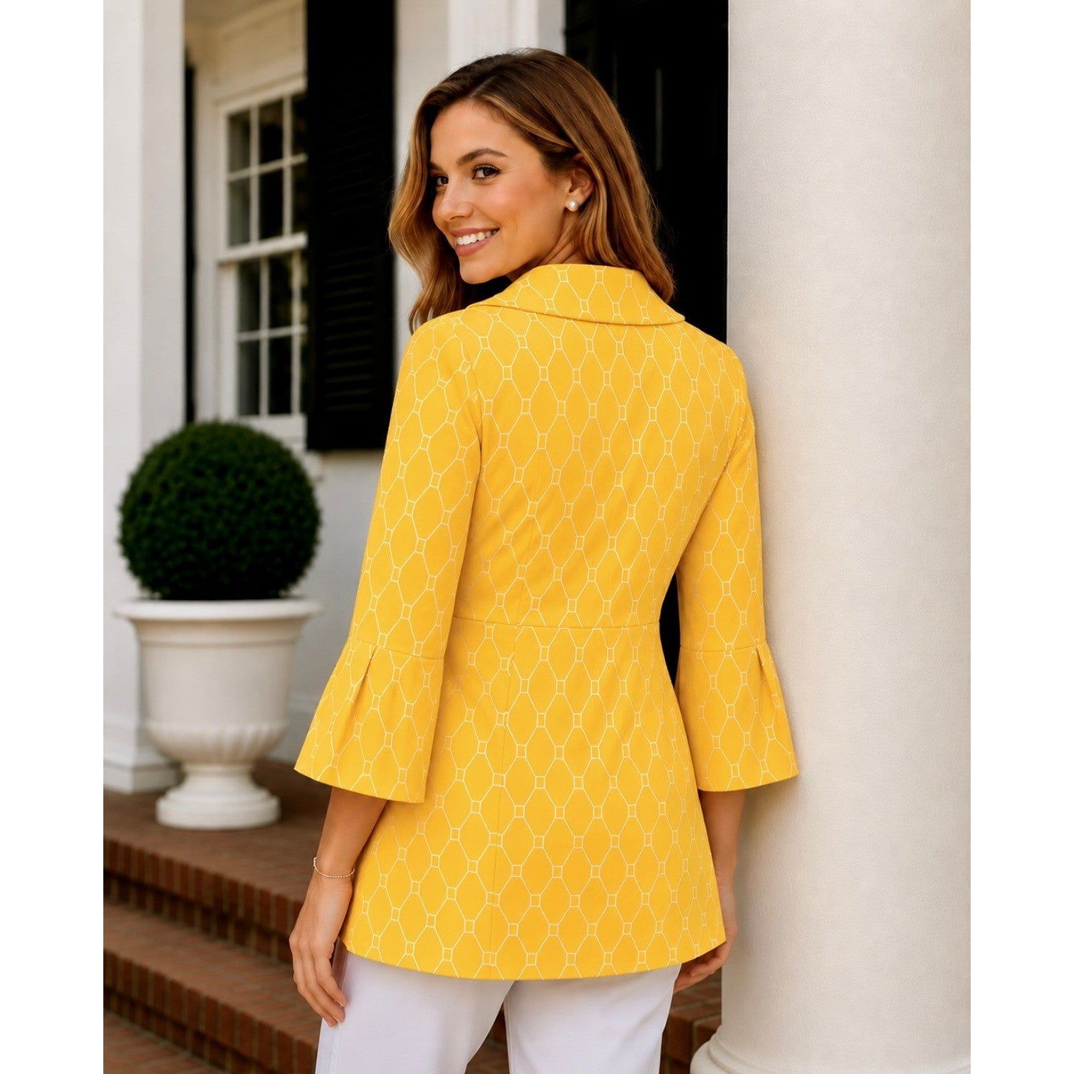 EDEN COURT Yellow White Geometric Print Coat Jacket Bell Sleeves Pockets Large