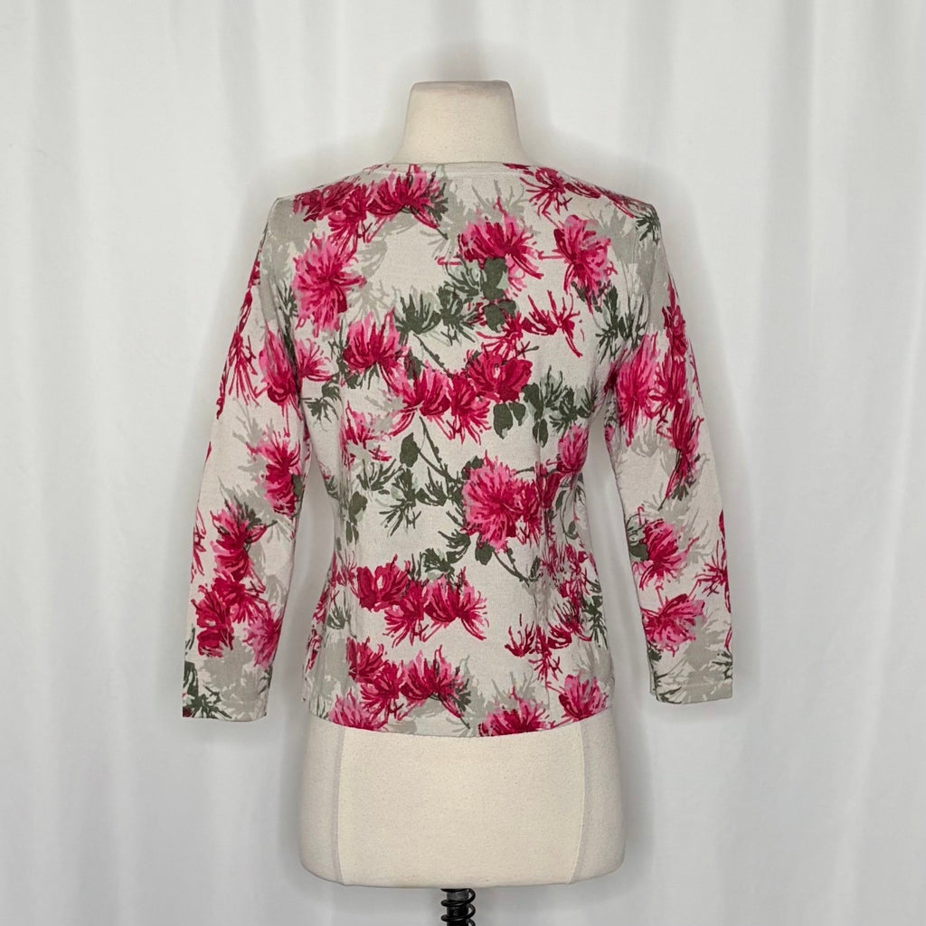 NEW!! GARNET HILL Merino Wool Cardigan Sweater Floral Gray Pink Preppy Small