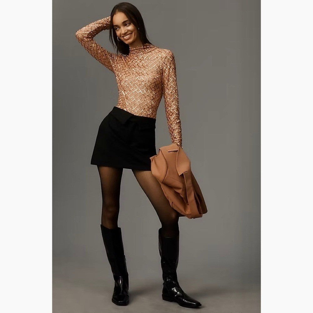 NWT!! Anthropologie PILCRO Turtleneck Sequin Top Shirt Bronze Party Glam X-Small
