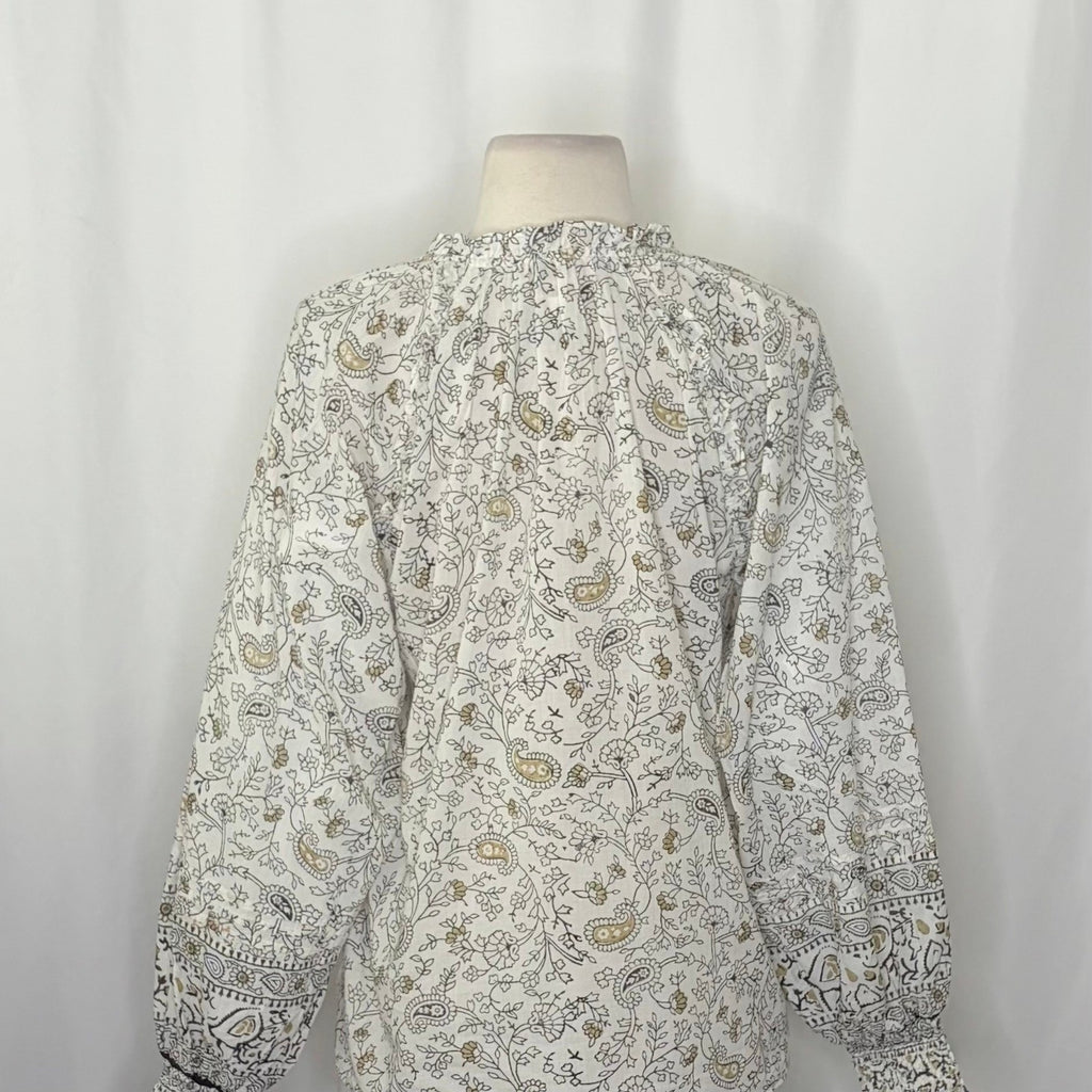 CLEOBELLA Ivy Blouse Woodblock Floral Paisley Print Top Smocked Ruffled Small