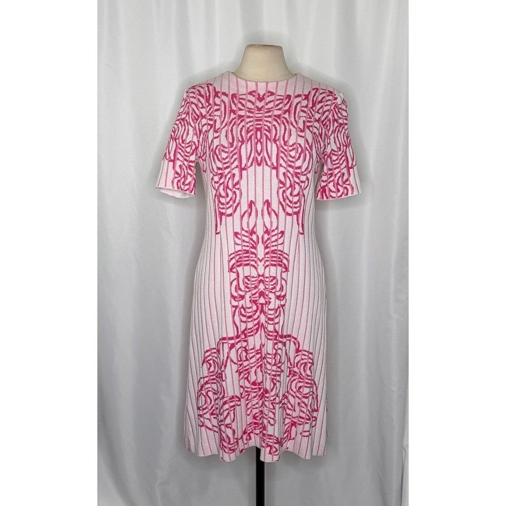 MING WANG Jacquard Rib Dress White Carmine Rose Floral Knit Preppy Office Small