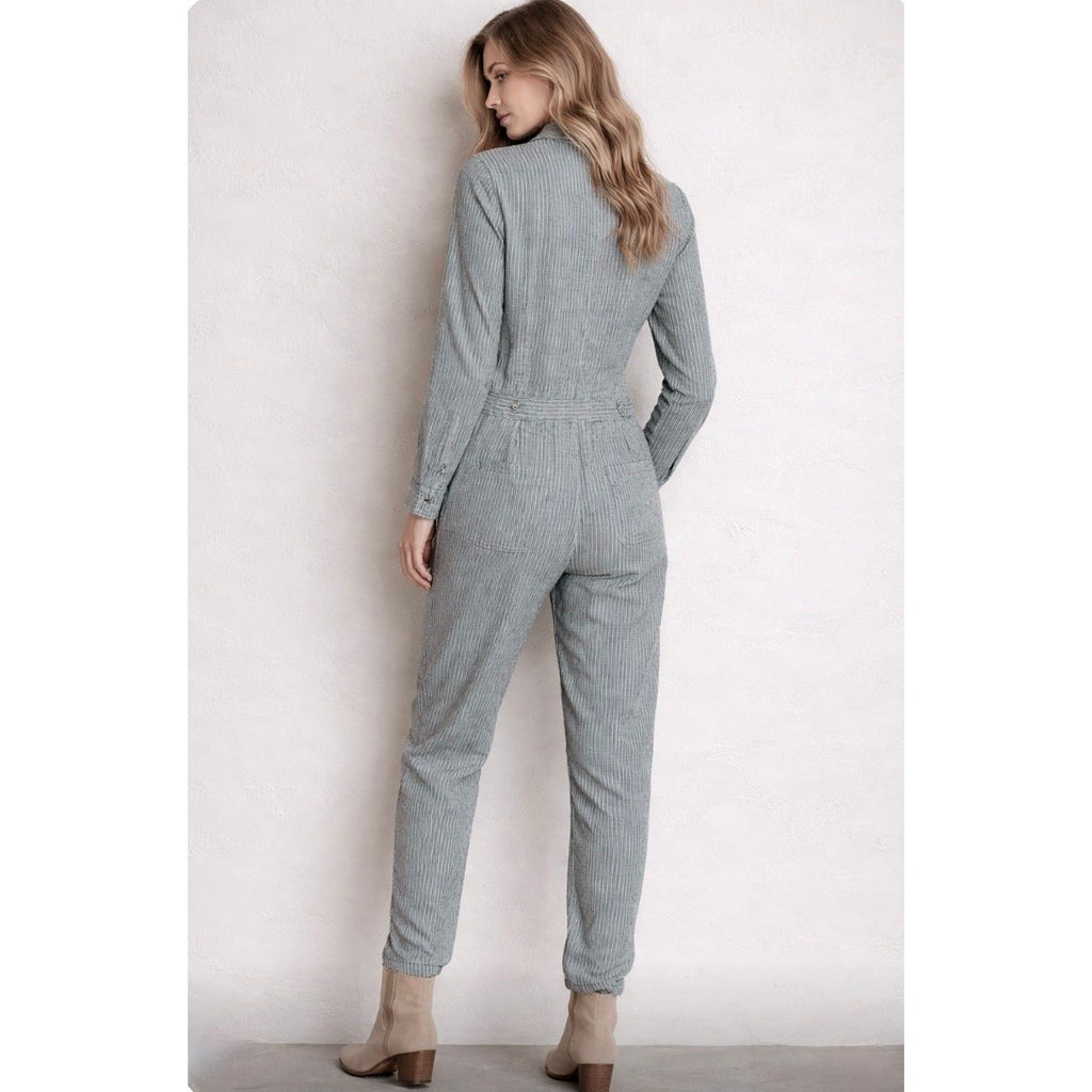 CLEOBELLA Nysa Striped Jumpsuit Tapered Legs Green Utility Cotton Preppy Small