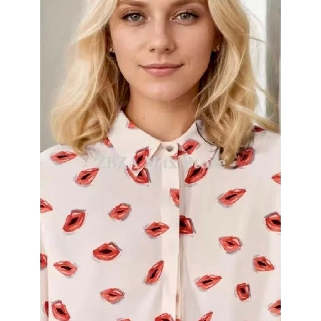 ZARA ZW Collection White Pink Lips Print Buttondown Top Blouse Lipstick X-Large