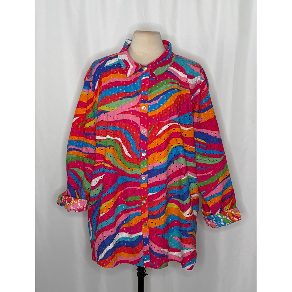 NEW!! JOHN MARK Eyelet Embroidered Watercolor Wave Print Buttondown Size 3X