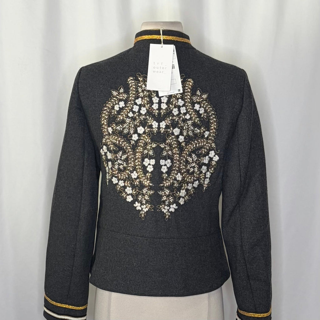 NWT!! ZARA Embroidered Military Jacket Charcoal Gray Gold Braid Buttons Large