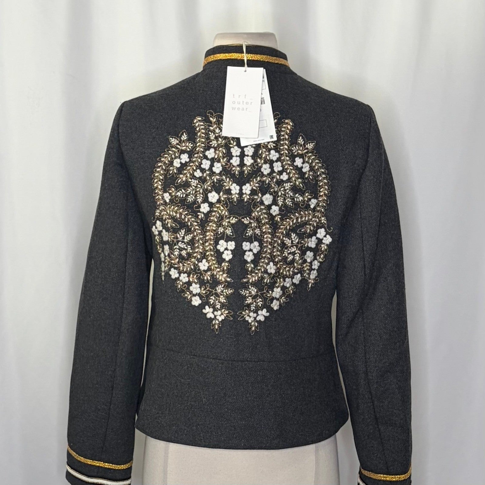 NWT!! ZARA Embroidered Military Jacket Charcoal Gray Gold Braid Buttons Large