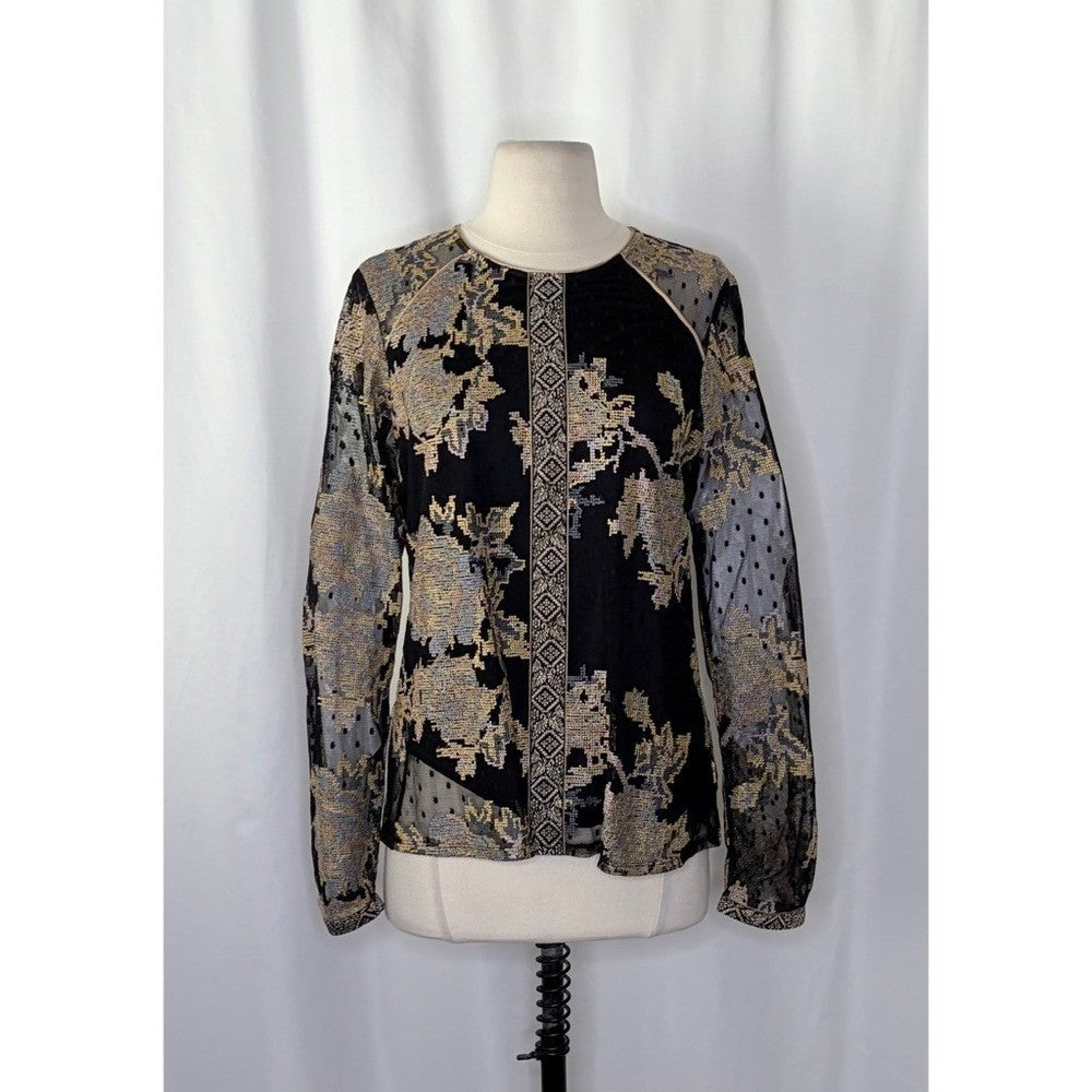 HALE BOB Floral Embroidered Mesh Top Blouse Long Sleeve Jacquard Romantic Medium