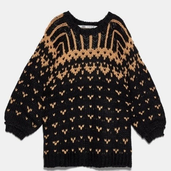 ZARA Limited Edition Beaded Jacquard Sweater Black Brown Oversized Chunky Small