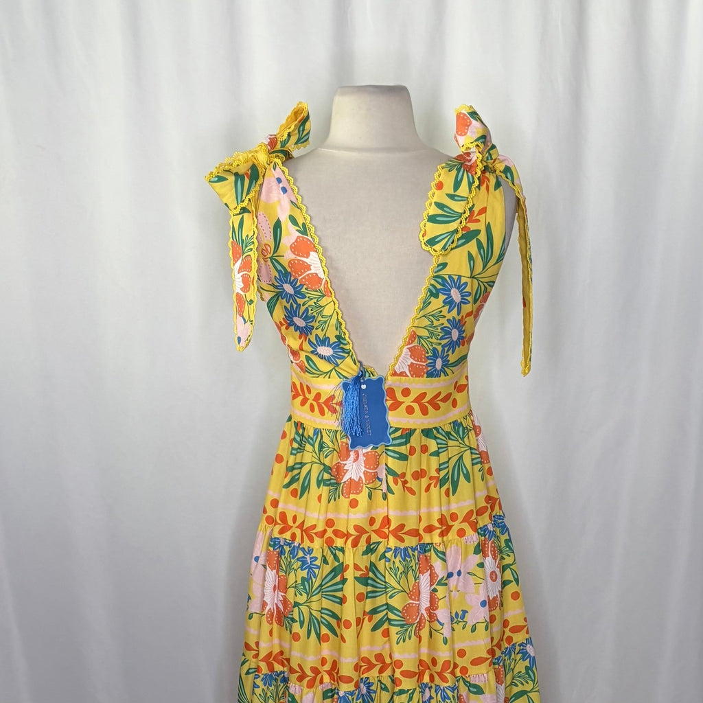 NWT!! CHELSEA & VIOLET Cecily Maxi Dress Yellow Floral Vacation Tiered X-Small