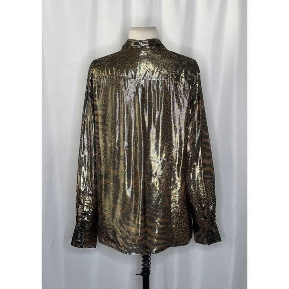 REISS Kendall Metallic Animal Print Tie Neck Blouse Gold Buttondown Size 8