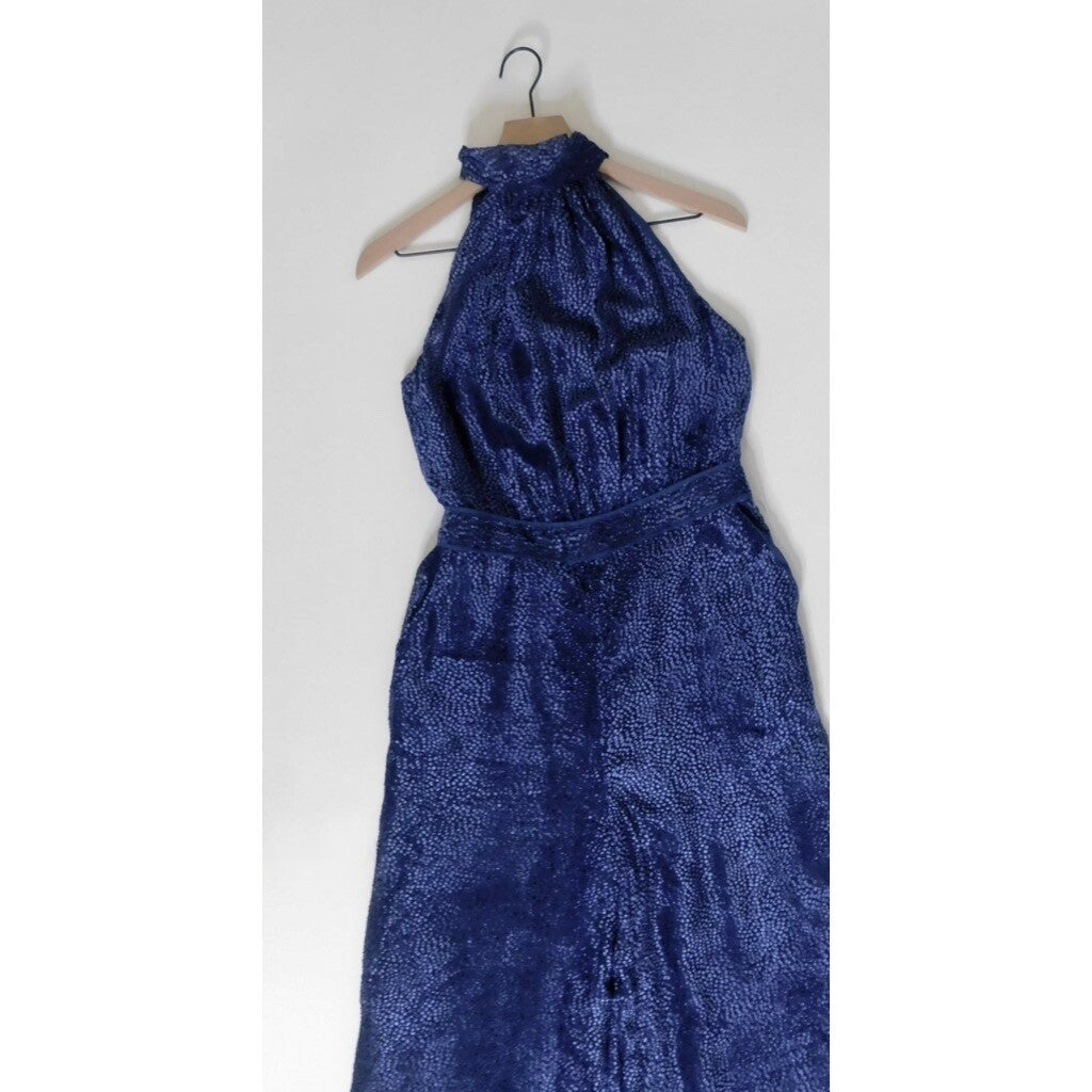 Anthropologie ELEVENSES Velvet Nova Jumpsuit Mock Neck Textured Blue Size 6