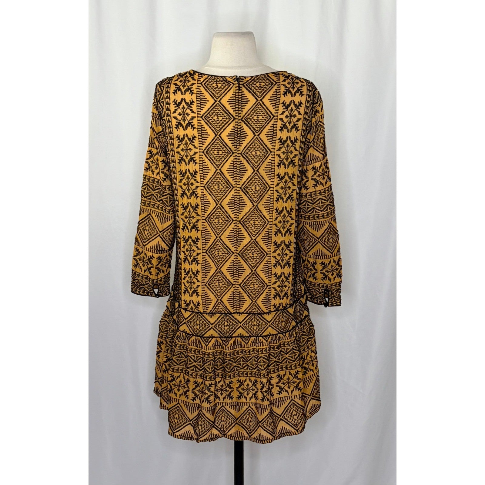 BA&SH Mara Embroidered Geometric Drop Waist Dress Golden Yellow Size 2 / Medium