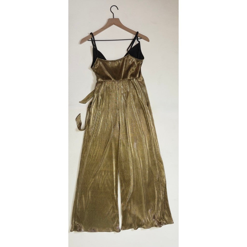 SHOW ME YOUR MUMU Jane Jumpsuit Gold Metallic Wrap Tie Waist Party Glam Small