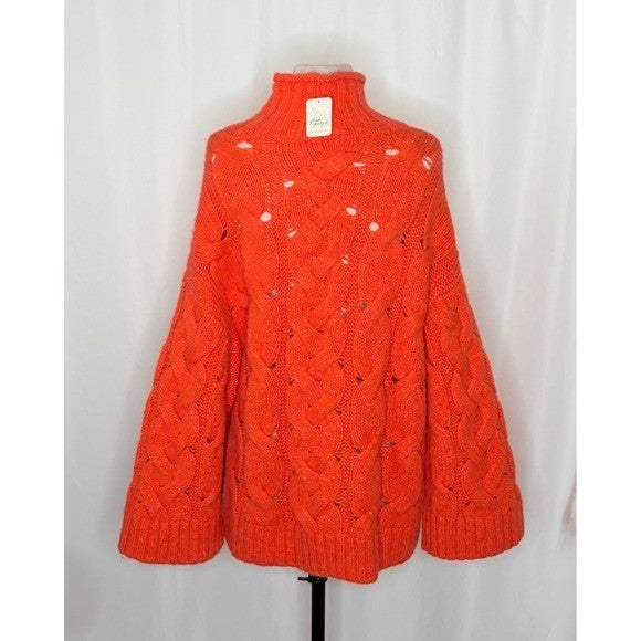 NWT!! FREE PEOPLE Clementine SoftSpun Cable Knit Pullover Solid Orange Small