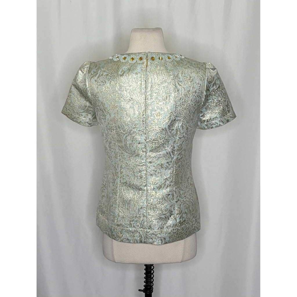 TORY BURCH Lola Top Blouse Aqua Glass Embellished Silk Brocade Floral Size 4