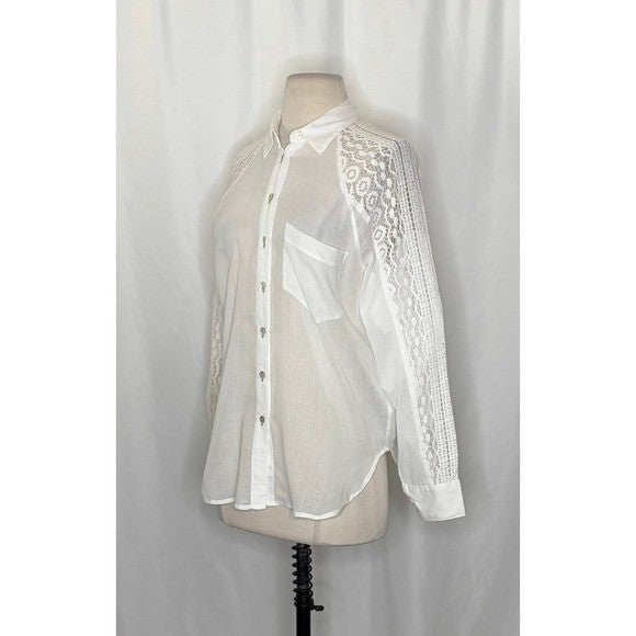 Anthropologie HOLDING HORSES White Lace Sleeve Buttondown Shirt Top Lacey Small