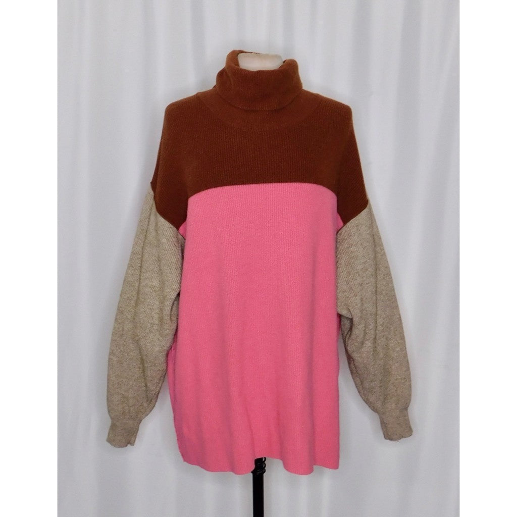 FREE PEOPLE Softly Structured Colorblock Sweater Turtleneck Candy Pop Medium