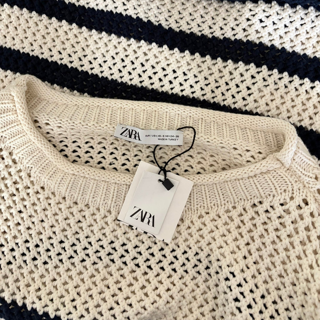 NWT!! ZARA Navy Ivory Striped Pullover Sweater Open Knit Nautical X-Small Small