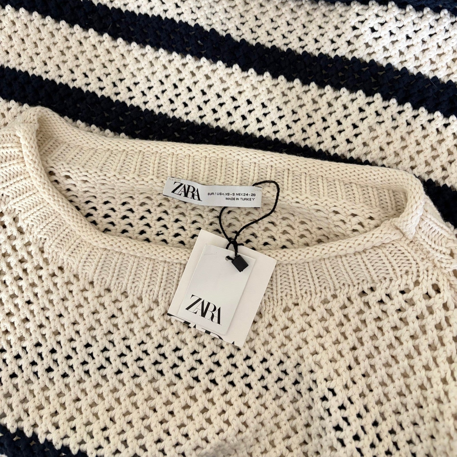 NWT!! ZARA Navy Ivory Striped Pullover Sweater Open Knit Nautical X-Small Small