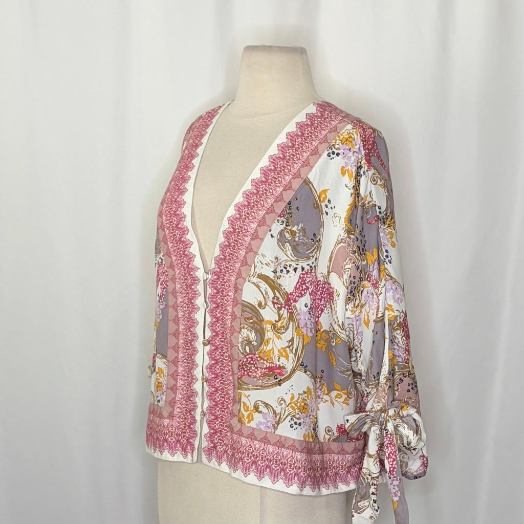 FREE PEOPLE Catch Me If You Can Top Blouse Boho Floral Tie Sleeves Pink Small
