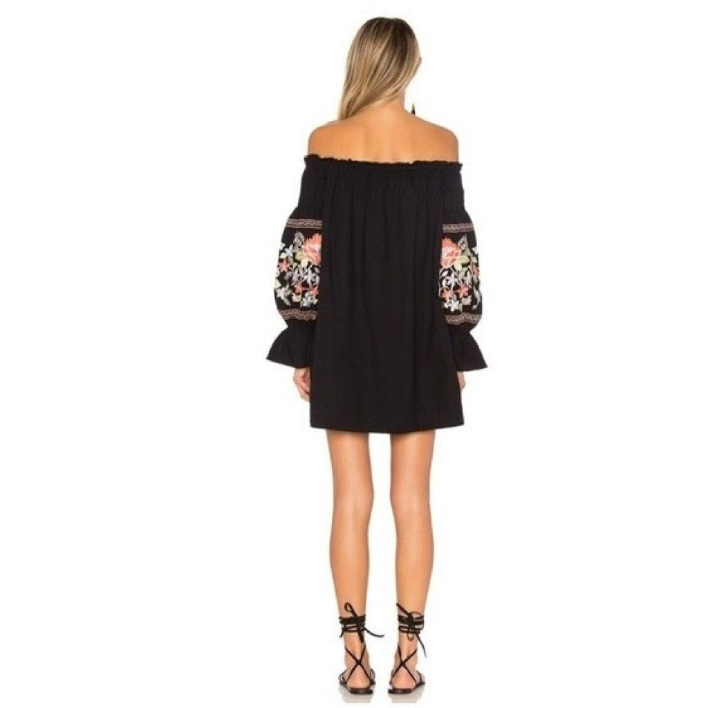 FREE PEOPLE Fleur Du Jour Mini Dress Black Floral Embroidered Off Shoulder Small