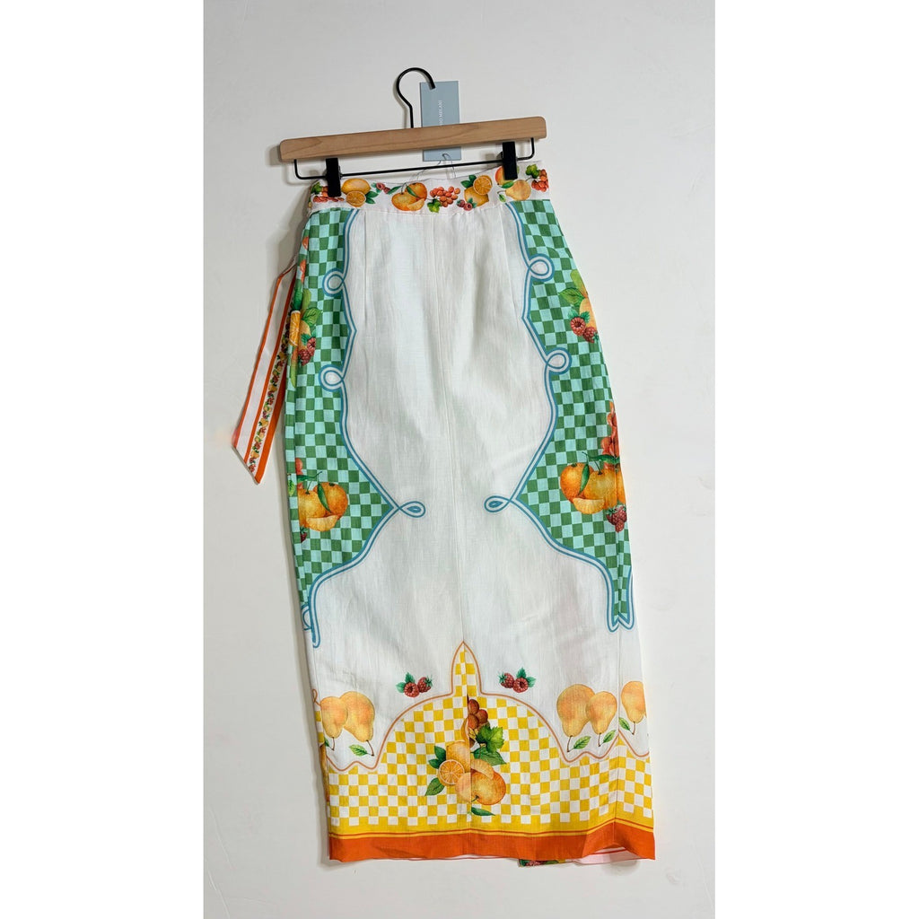 NWT!! ANTONIO MELANI Clio Wrap Skirt Linen Citrus Bliss Midi Fruit Checkered 0