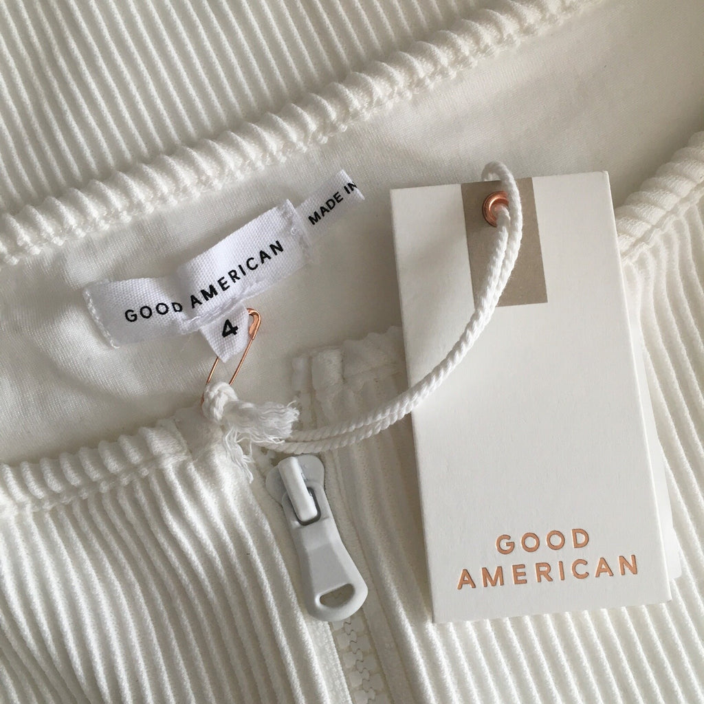 NWT!! GOOD AMERICAN Half Zip Off Shoulder White Ribbed Thong Bodysuit 4 X-Large