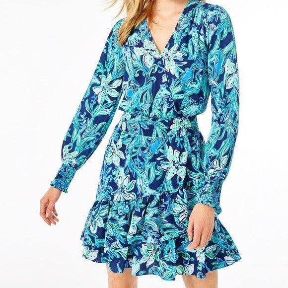 LILLY PULITZER Cristiana Dress High Tide Navy Take It Or Leaf It Smocked 0
