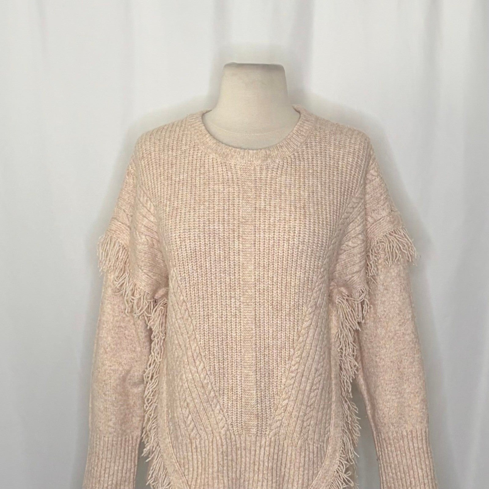 By ANTHROPOLOGIE Josey Fringe Sweater Marled Pink Pink Crew Neck Wool Small