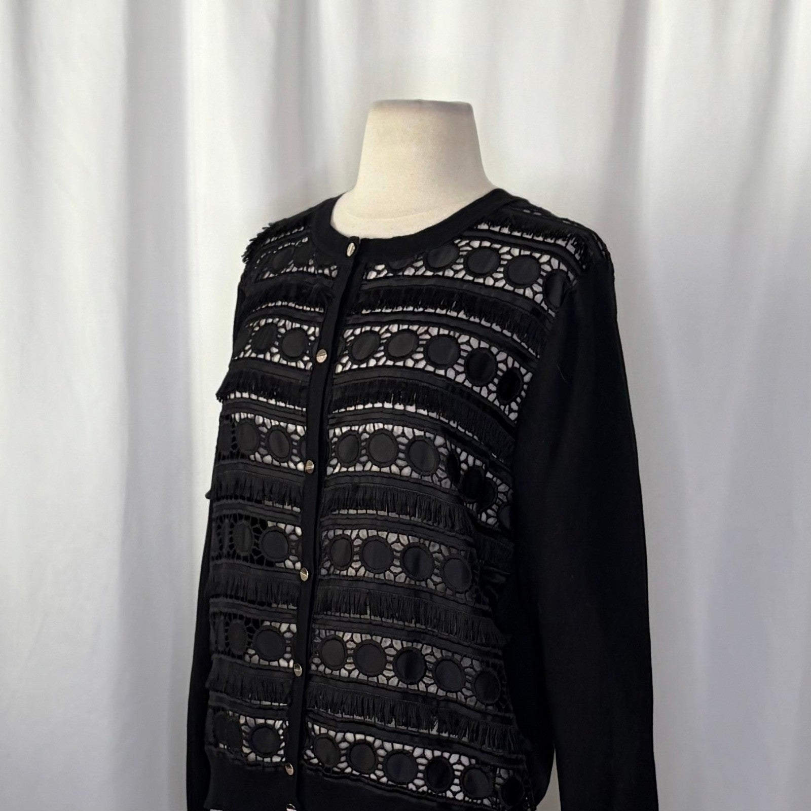 NWT!! TED BAKER London Ellenii Circle Fringe Lace Knit Cardigan Black Size 5 XL