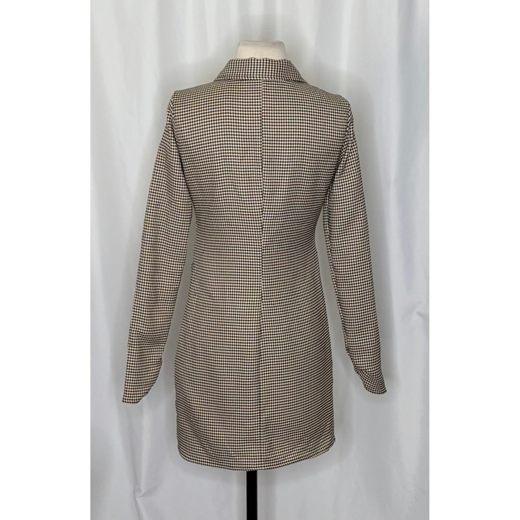ZARA Houndstooth Black Tan Shirtdress Ruched Preppy Plaid Shirt Dress Medium