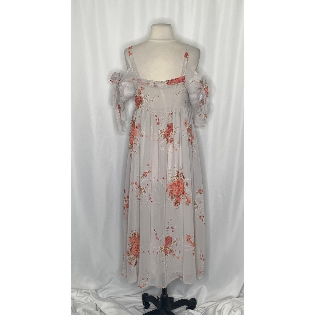 FREE PEOPLE Tied To You Floral Midi Dress Sand Combo Chiffon Bohemian Small