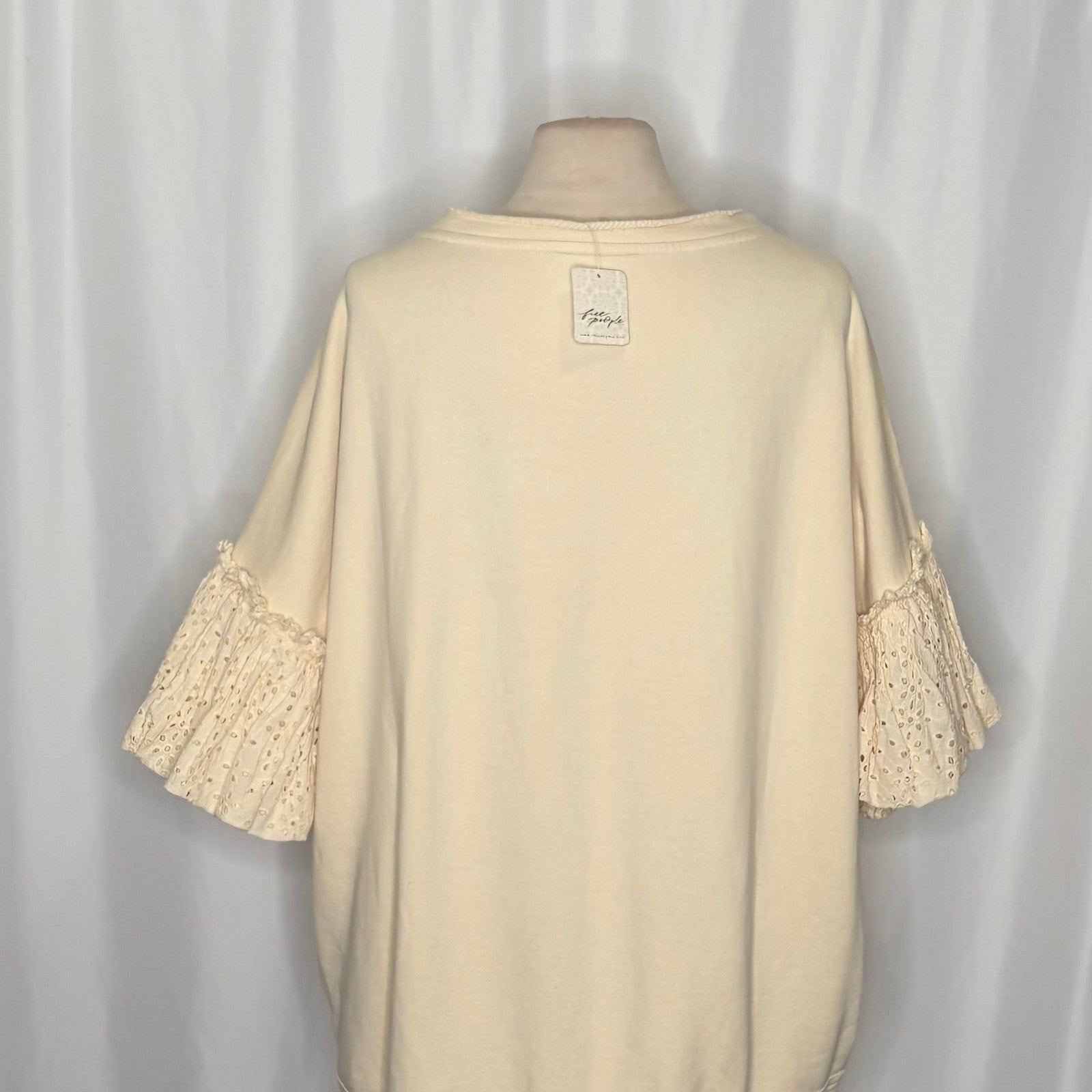 NWT!! FREE PEOPLE Doily Sweatshirt Heart Ivory Blue Eyelet Lace Bohemian Small