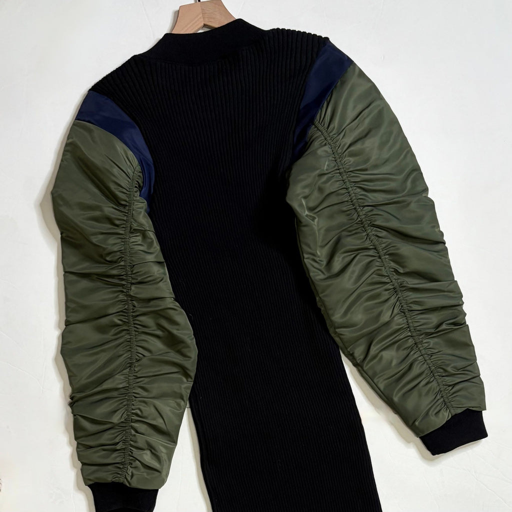 NWT!! ZARA Contrast Nylon Midi Dress Ribbed Knit Olive Green Black Blue Large