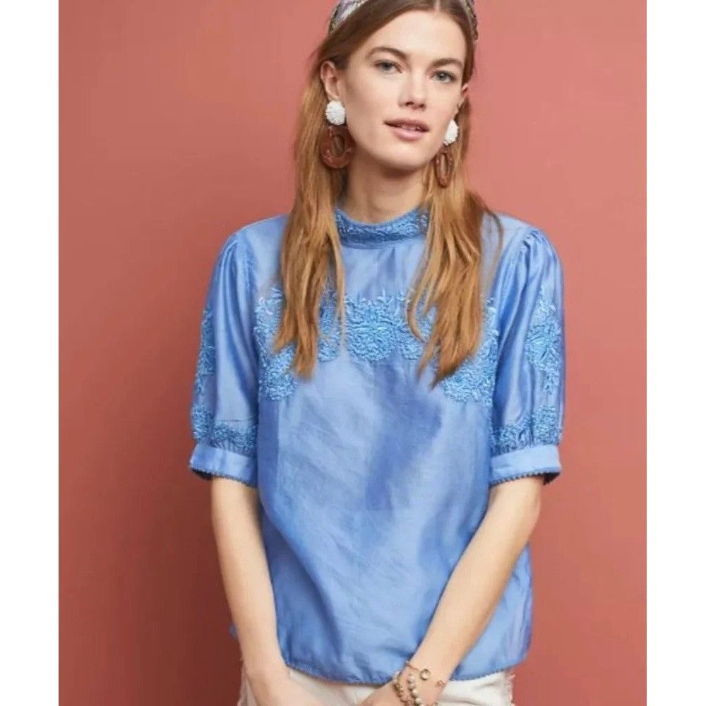 Anthropologie PAYAL JAIN Embroidered Carrington Floral Blouse Top Silk Medium