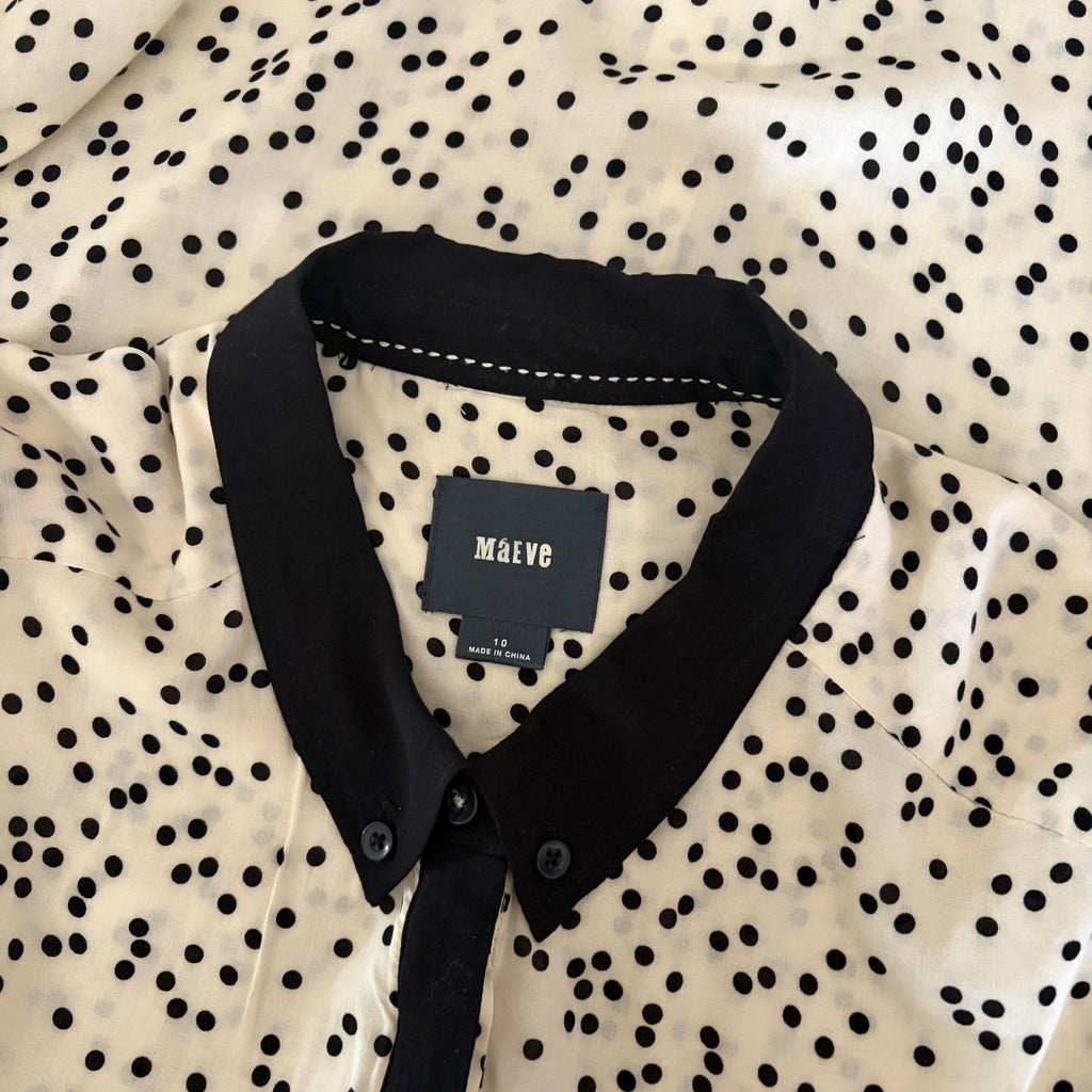 Anthropologie MAEVE Bagatelle Buttondown Shirt Ivory Black Polka Dot Pockets 10