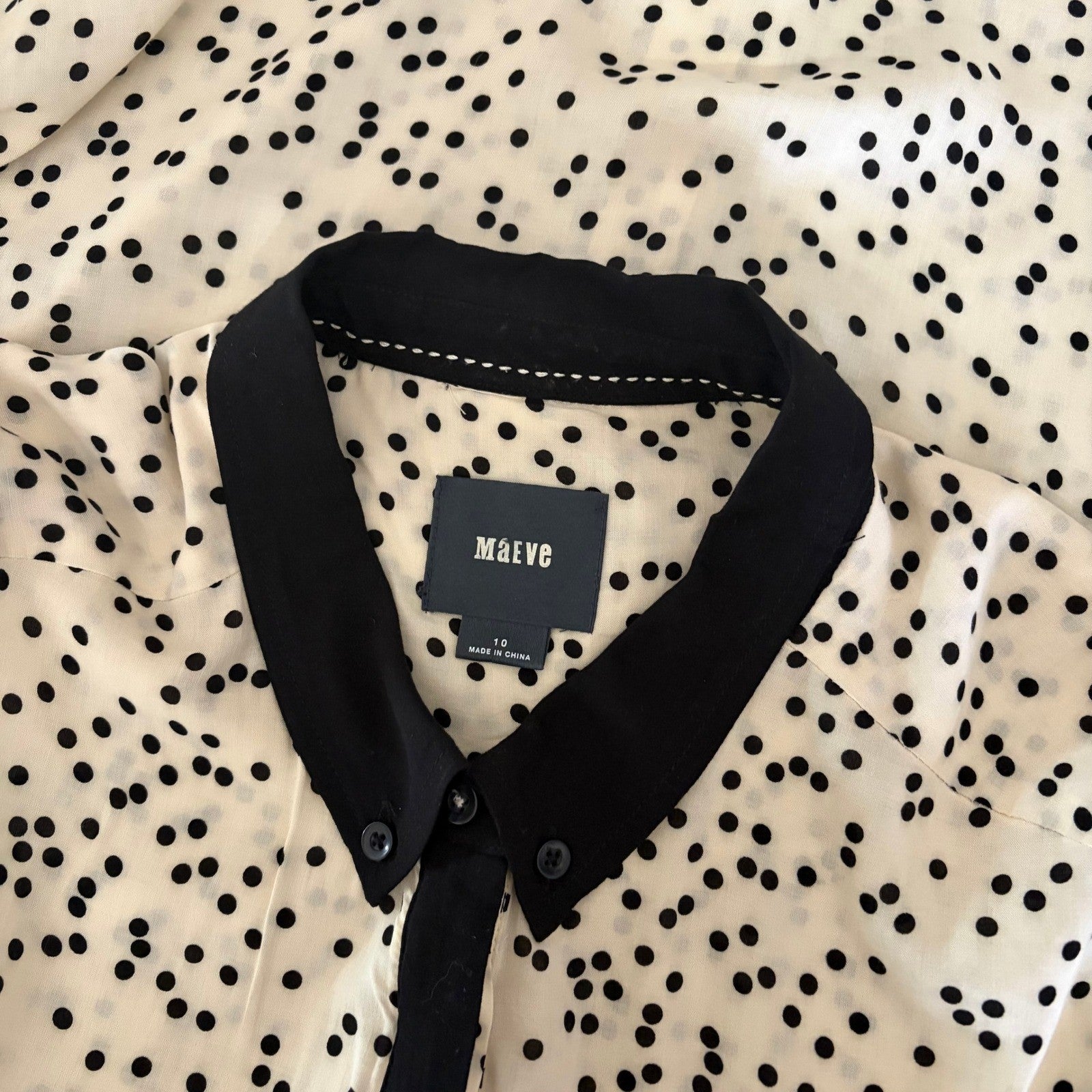Anthropologie MAEVE Bagatelle Buttondown Shirt Ivory Black Polka Dot Pockets 10