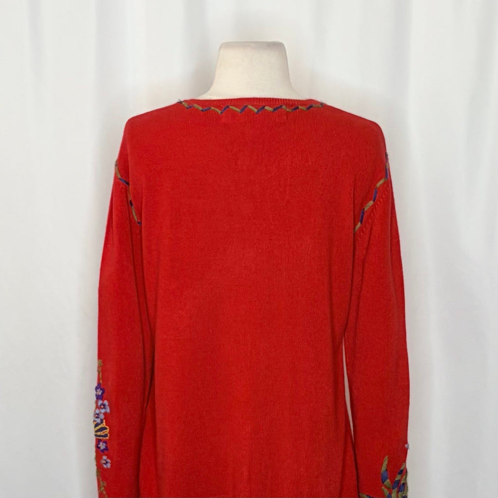 GW JEANS CO. Red Embroidered Asian Floral Cardigan Sweater Medium