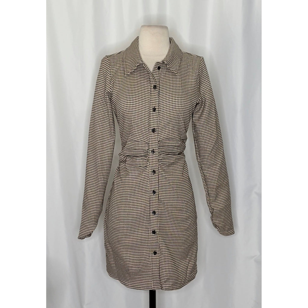 ZARA Houndstooth Black Tan Shirtdress Ruched Preppy Plaid Shirt Dress Medium