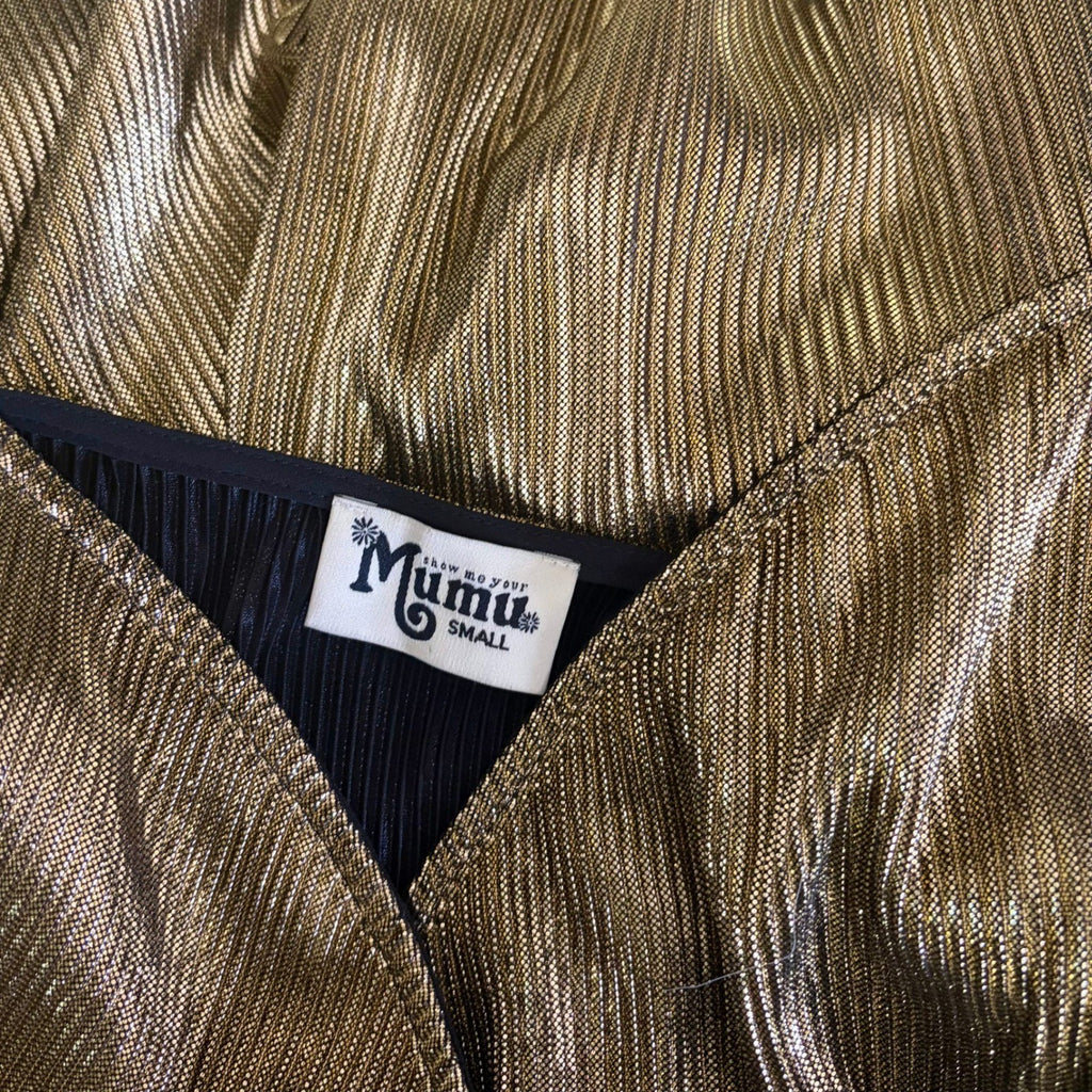 SHOW ME YOUR MUMU Jane Jumpsuit Gold Metallic Wrap Tie Waist Party Glam Small