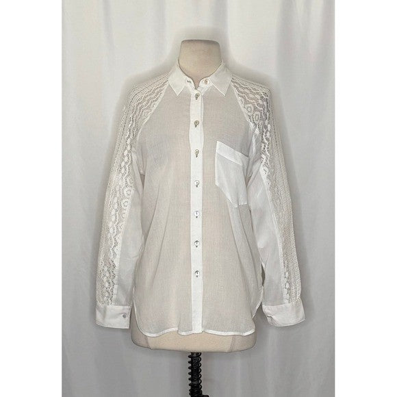 Anthropologie HOLDING HORSES White Lace Sleeve Buttondown Shirt Top Lacey Small