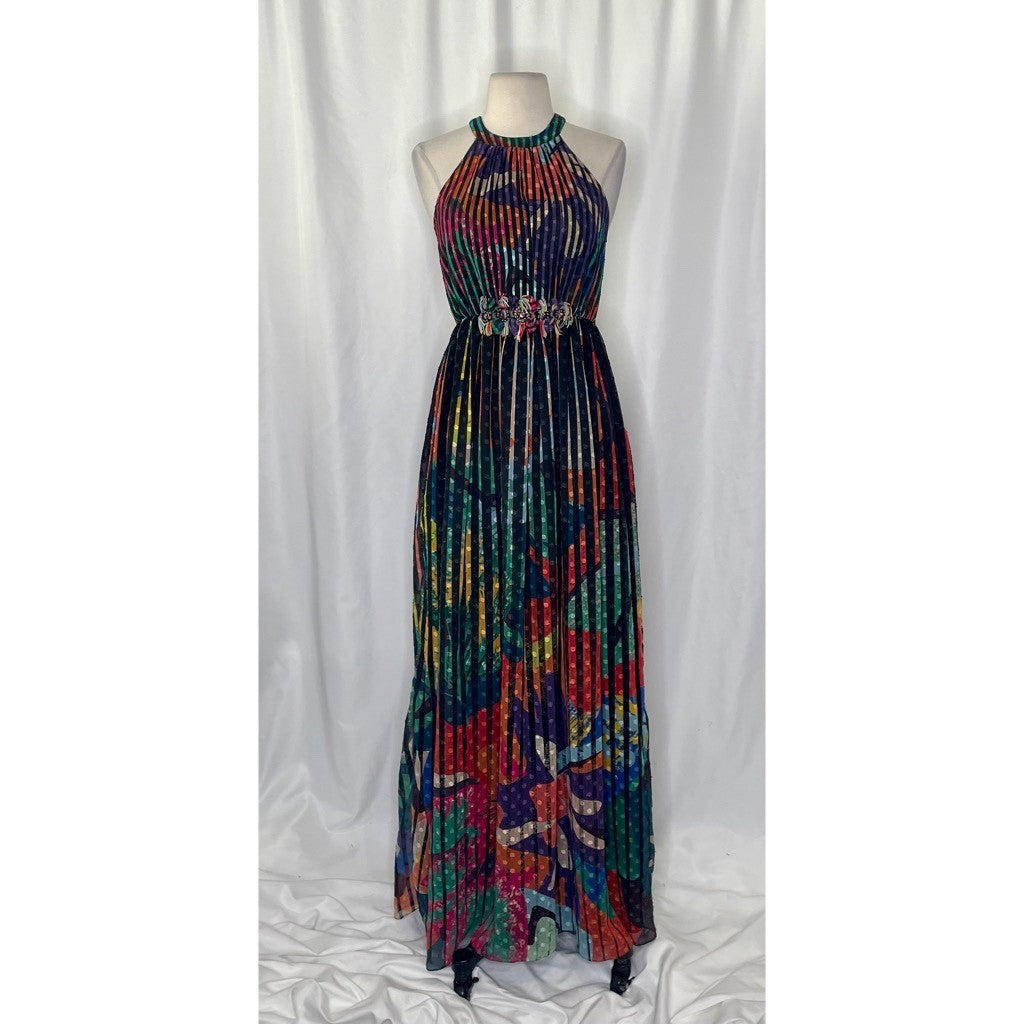 Anthropologie GEISHA DESIGNS Kalinka Maxi Dress Halter Embellished Clip Dot 0