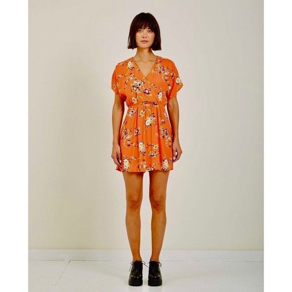 OBEY Pinot Floral Mini Dress Dolman Surplice Coral Pink Orange Boho X-Small