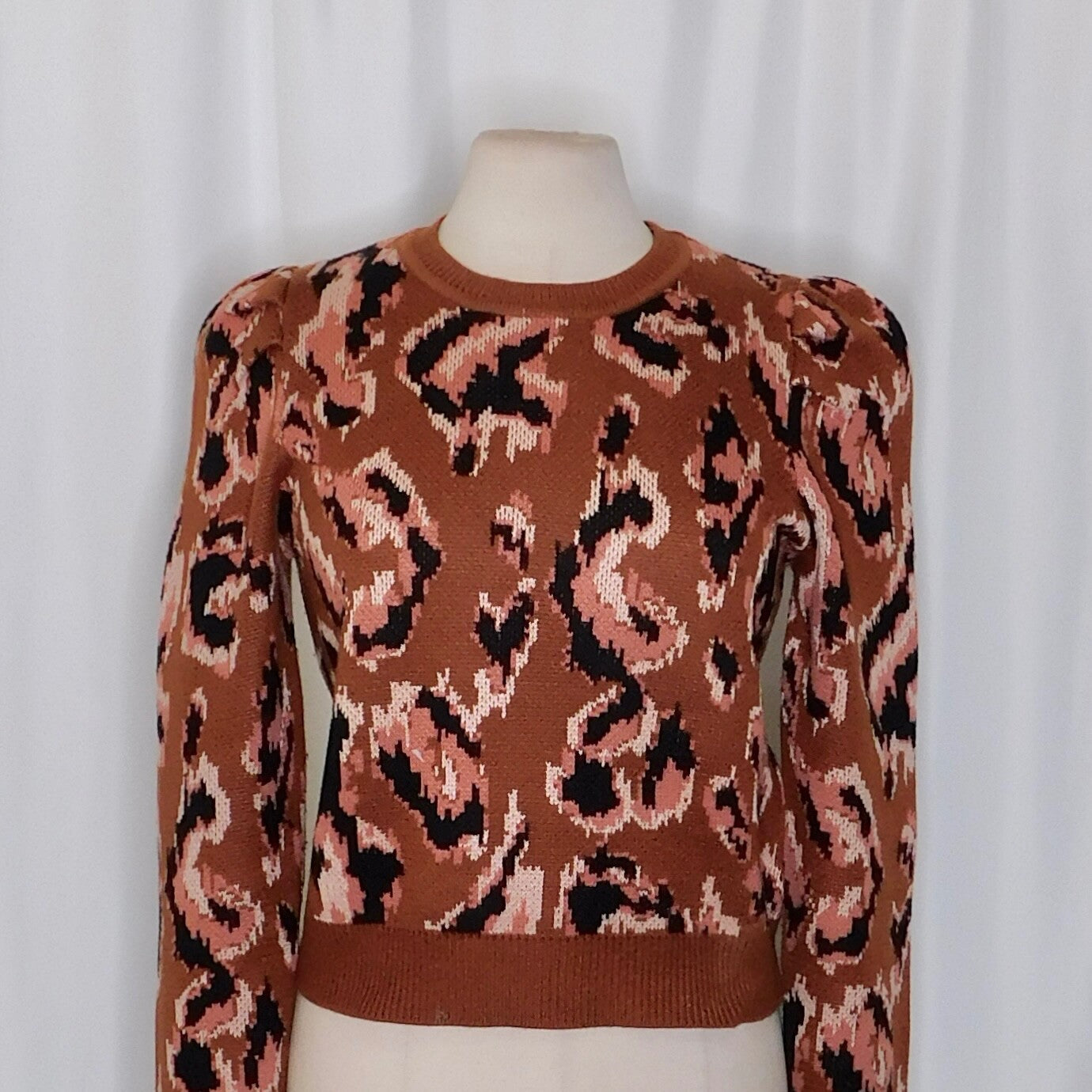 DEREK LAM Collective Brown Animal Print Sweater Leopard Puff Sleeves Large